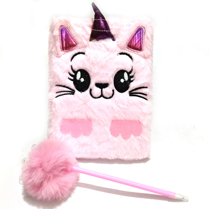 Fluffy Unicorn Horn diary with plush pom pom pen 9x6 inches