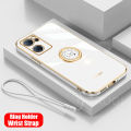 For Realme 9i Back Cover with Ring Holder Stand + Wrist Strap Shiny Plating Square Bumper Protective Case Soft Silicone Shockproof Mobile Phone Cases. 