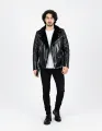 New Men's Casual Biker Style Black PU Leather Jacket with Tartan Collar. 