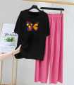 Summer Cotton Jersey Nighty Set for Women & Girls – Butterfly Printed T-Shirt & Pink Trouser Night Suit – Soft Breathable Home, Sleep & Lounge Wear (Women S–XL | Kids 7–14 Years). 