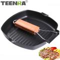 Non-Stick Square Grill Pan with Foldable Wooden Handle Size 24 x 28 cm. 