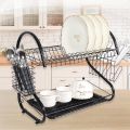 Matte Black S Shape Double Decker Dishrack Plate Dish Spoon Fork Bowl Cup Drainer Rack Kitchen Organizer With Glass & Cutlery Holder. 