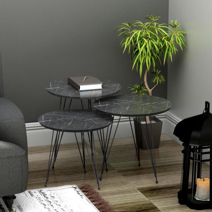 Set of 3 Black Marble End Tables Round Wood Sofa Side Coffee Tables for Small Spaces, Nightstand Bedside Table with Metal Legs for Bedroom, Living Room, Office