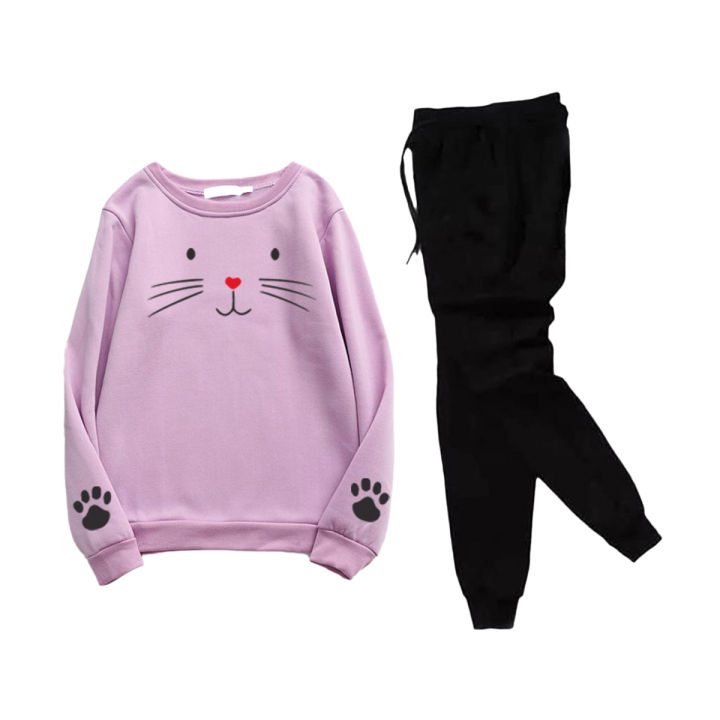 Cute Kitty Printed Tracksuit In Cotton Jersey Fabric Stay