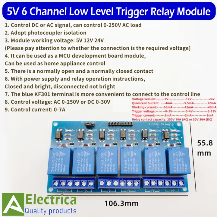 5V%206%20Channel%20Relay%20Module%20Optocoupler%20Isolation%20Low%20Level%20Trigger%206%20way%20Relay%20Module%20Control%20Board%20for%20Arduino%20by%20Electrica%20-%20Image%203