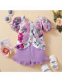 2 Pieces Girls Suit Set, Floral Print Short Puff Sleeve Ruffle Tops+ Solid Color Shorts, 6 Months-3 Years, Purple. 