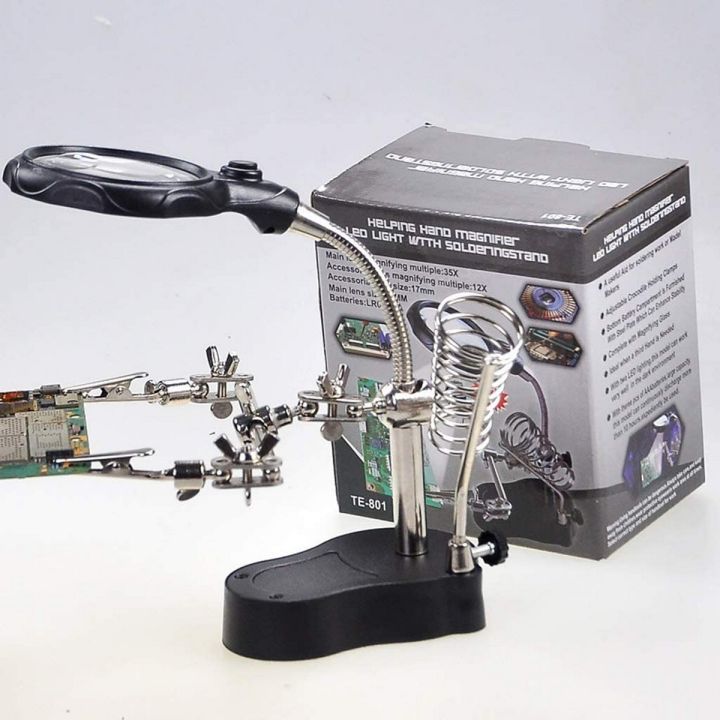 TE 801 Welding Magnifying Glass 2 LED Auxiliary Clip Magnifier 3 In 1 Hand Soldering Solder Iron Stand Holder Station Soldering Helping Hand Soldering Stand Mobile Repairing Accessories