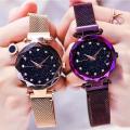 stylish magnet wrist watch for women in golden and purple color THRILL. 
