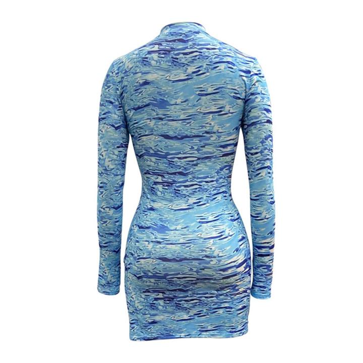 princess polly baby blue dress Berrylush Women Blue & White Tie-Dye Printed Round Neck Ruched Bodycon