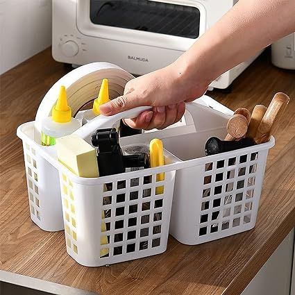 Portable Shower Caddy Basket with Compartments Cleaning Supplies Organizer with Handle Plastic Storage Divided Basket Tool Bin for Bathroom, Bedroom, Kitchen, College Dorm, Under Sink, White