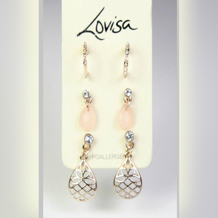 Lovisa Pine Drop Earrings Gold Plated Fashion HYPOALLERGENIC Jewelry Pack Of 3  For Girls, Women, Her High Quality