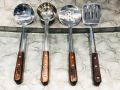 Spoons - Set of 4 Stainless Steel and Wooden Kitchen Cooking Spoons for Stirring Serving Frying Holding Multipurpose Use [pack of 4 27 cm length]. 
