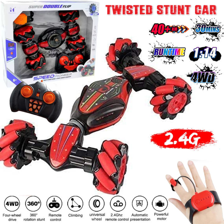 Double Flip Gesture Induction RC Twisted Stunt Car -  Light & Music 4WD Off Road Vehicle Truck Toys For Kids Boys Girls Double Sided 360° Rotating 2.4GHz Remote Control Watch Car Toy Twister 4 Wheel Hand Gesture Sensing Sensor Move Twist Cars Chargeable