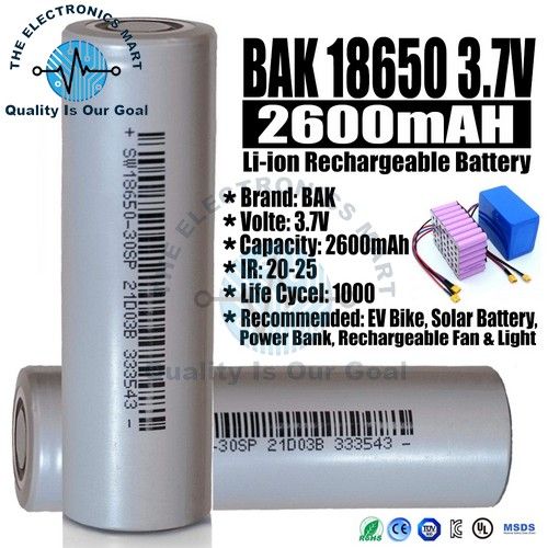 Original BAK INR18650-26E 18650 3.7V 2600mAh 3C Cell For EV Bike And Solar Battery Power Bank DC Fan And Light Best Cell In Pakistan
