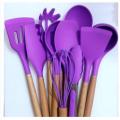 12Pcs Food Grade Safety Silicone Utensils with Wooden Handles, Heat Resistant Kitchen Tools Set, Used with Non-Stick Cookware. 