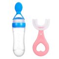 Pack of 2 Baby Silicone Squeeze Spoon Feeder (90ML Bottle) with U Shape Silicone Toothbrush for Baby, Crawling Kids | SJR Collections. 