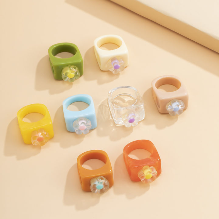 Trendy Colourful Transparent Resin Rings Clear Geometric Square Shape Acrylic Rings for women