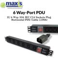 1U 6 Way 10A IEC C13 Sockets to C14 Plug Horizontal PDU. 
