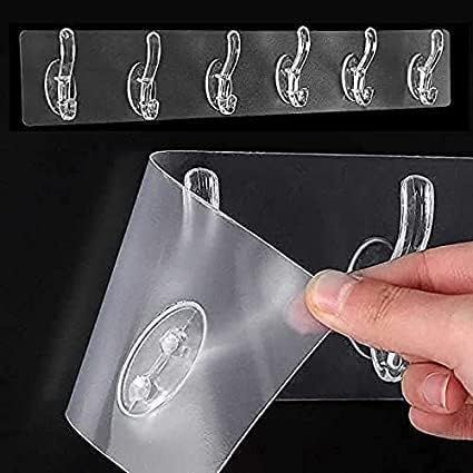 Self Adhesive Hook Sticker Strip for Wall Hanging Multi-Purpose Item, Heavy Duty Sticky Hooks for Hanging Reusable | Waterproof | Transparent