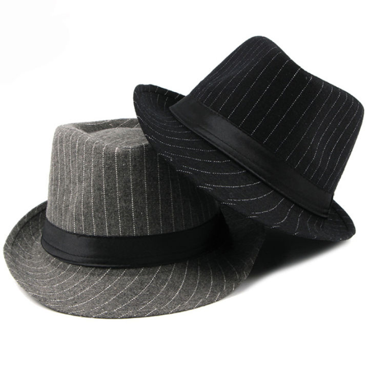Black Men's fedora hat Sophisticated Casual Grey British style striped hat Classic Retro derby hat for Formal occasions Vintage
