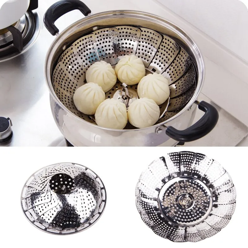 TRUESTYLE Folding Round Steamer Basket – Expandable Mesh Vegetable Steamer, Silver