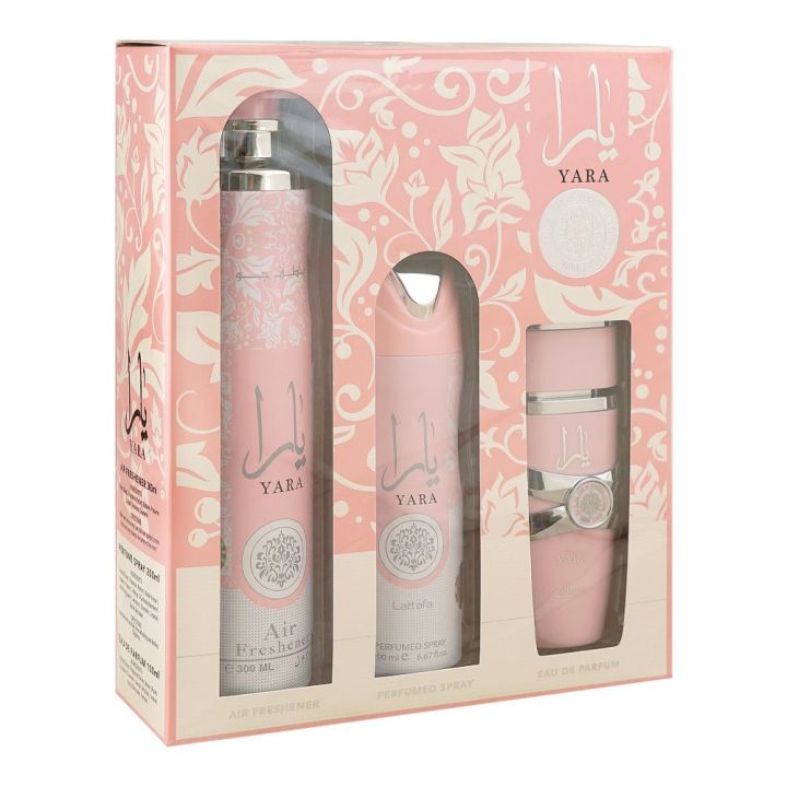 Lattafa Yara 3 Pcs Gift Set With 100ml Perfume Edp + 200ml Deo + 300ml Air Freshner