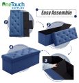 Foldable Blue Velvet Ottoman Storage Benches Folding Stool Soft Cushion Footrest Toy Storage Box Seat for Living Room Poof Foot Stool,38x76cm. 