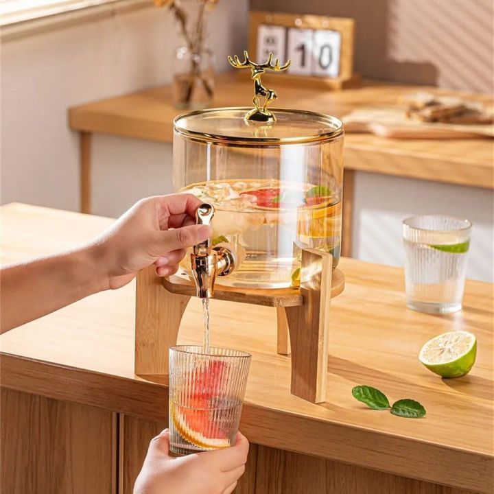 Glass Beverage Dispenser with Spigot - 3.2L Beverage Jar with Spigot and Lid and Wooden Stand for Serving Hot or Cold Drinks, Juices, Ice Water at Parties and Camping - 3200ml