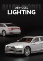 1/24 Audi A8 Diecast Alloy Metal Toy Car Miniature Vehicle Model Pull Back Sound & Light Doors Openable Collection Gift For Boys Kids. 