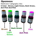 Openness – 5 Colors 30 ml Calligraphy Ink – Brown, Light Green, Dark Green, Ash Pink and Pink Color Make Of Opaque Carbon And Color Pigment For Calligraphy. 