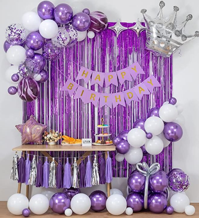 Purple happy birthday theme set( Including happy birthday banner+30 balloons+1 pc curtain+5 confetti baloons) birthday store, balloons, birthday themes for girls, decorations, birthday package, purple theme, shop e deals store