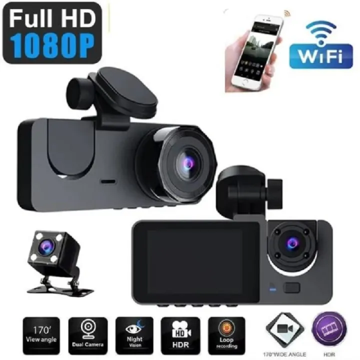 3 Channel Dash Cam 1080P Front, Rear & Inside Car Camera with WiFi, APP ...
