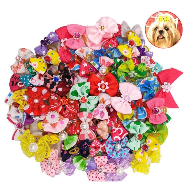 20 pieces Cute Ribbon Pet Hair Bows Elastic Rubber Band Dog Hair Accessories Cat Hair Flower Pet Photo Props Christmas Gift