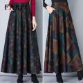 Farfi Elegant Skirt Side Pockets Women Autumn Winter Printed Long Skirt. 