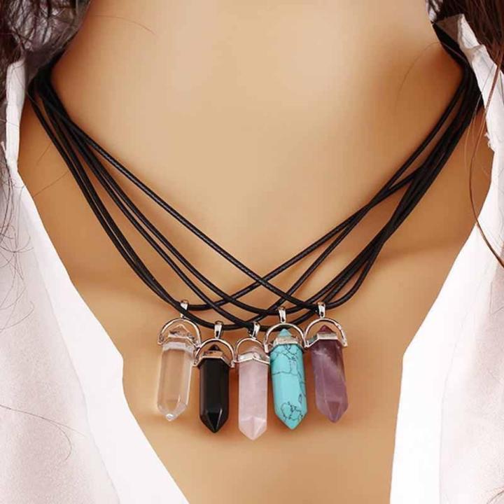 【Hot demand】1pc Women Fashion Stone Pendant Necklaces Leather Cord Natural Stone Charms Necklace Gifts