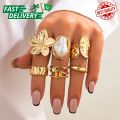New 2026 6Pcs/Set Vintage Flower Metal Rings Baroque Imitation Pearl Ring Female Niche Exaggerated Open Ring Fashion Jewelry Rings. 