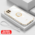 For Huawei Nova 7i Back Cover with Ring Holder Stand + Wrist Strap Shiny Plating Square Bumper Protective Case Soft Silicone Shockproof Mobile Phone Cases. 