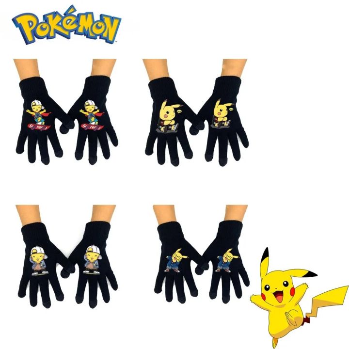 Pokémon Pikachu Winter Children's Warm Gloves Anime Cartoon Knitted Touch Screen Gloves Boys Girls Cute Printed Gloves Kids Gift