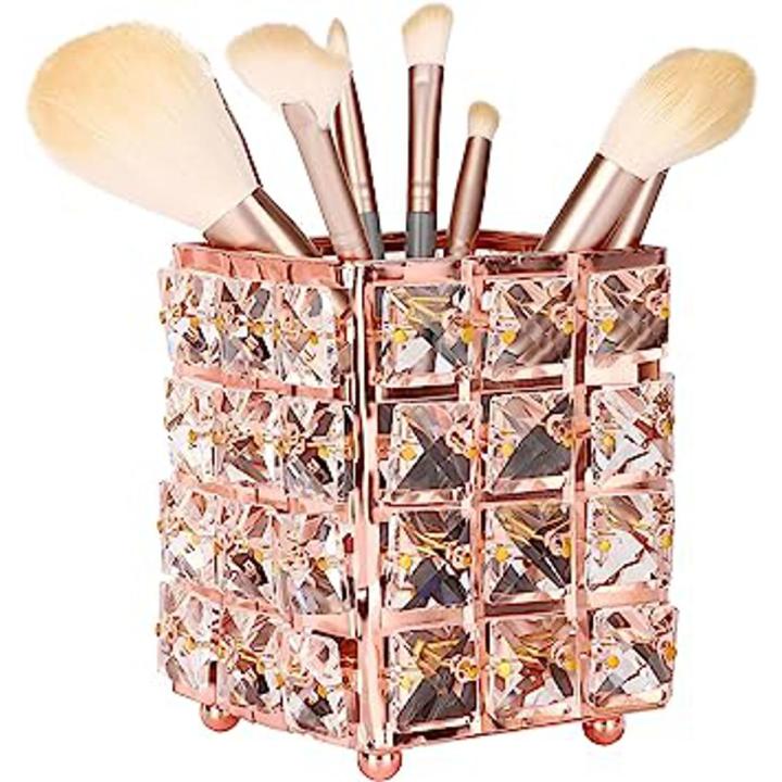 Crystal Makeup Brush Holder, Cosmetic Organizer For Makeup Brushes, Rectangle, Rose Gold