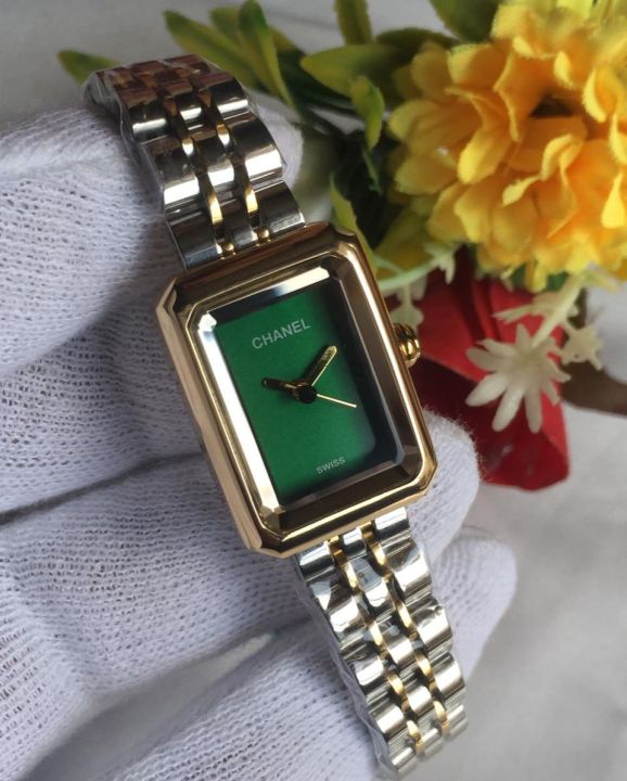 Channel Gold-Tone Rectangle Watch - Swiss-Made Luxury Timepiece with Dual-Tone Bracelet for Women