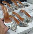 Cinderella Silver Transparent Buckled Heels - 3 Inch Rhinestone Sandals for Women & Girls, Pointed Toe. 