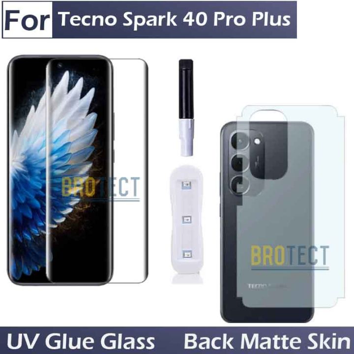2 in 1 Tecno Spark 40 Pro Plus UV Tempered Glass Liquid Glue Screen Protector Curved Edge to edge + Back Matte Protector Soft Skin Sheet Film For Tecno Spark 40 Pro Plus - Transparent