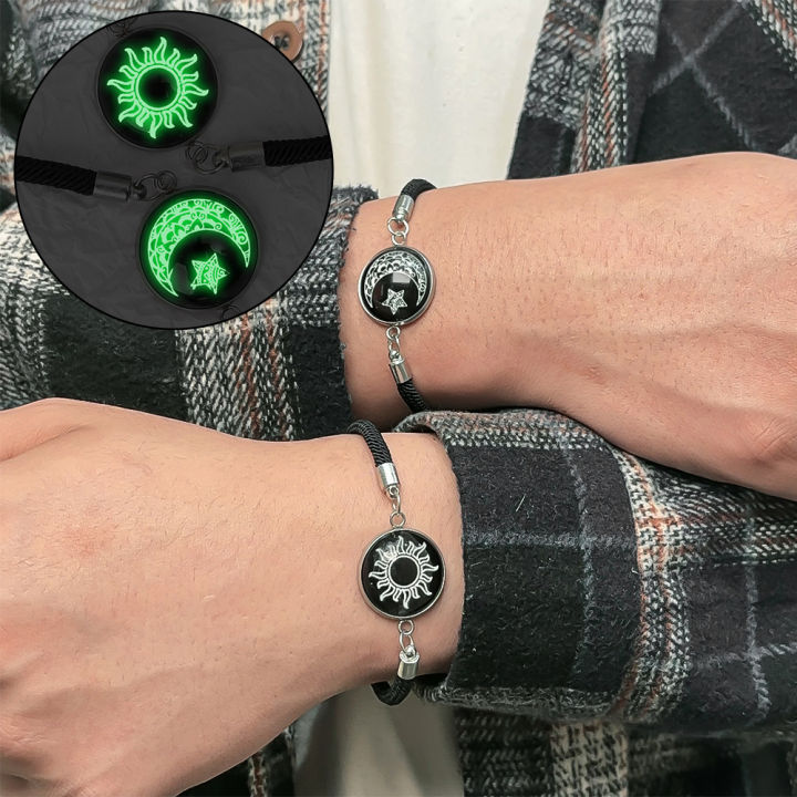 2pcs Sun and Moon Lovers Time Gem Luminous Couple Bracelet Valentine's Day Men's and Women's Set Stainless Steel Bracelet