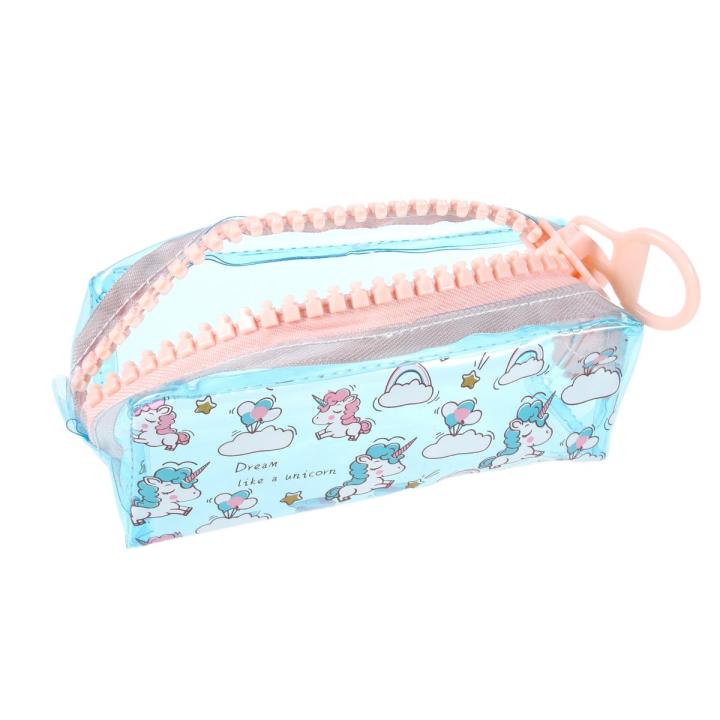 1Pc Fashion Transparent Pencil Case Cartoon Big Zipper Pen Bag School Stationery (Blue)