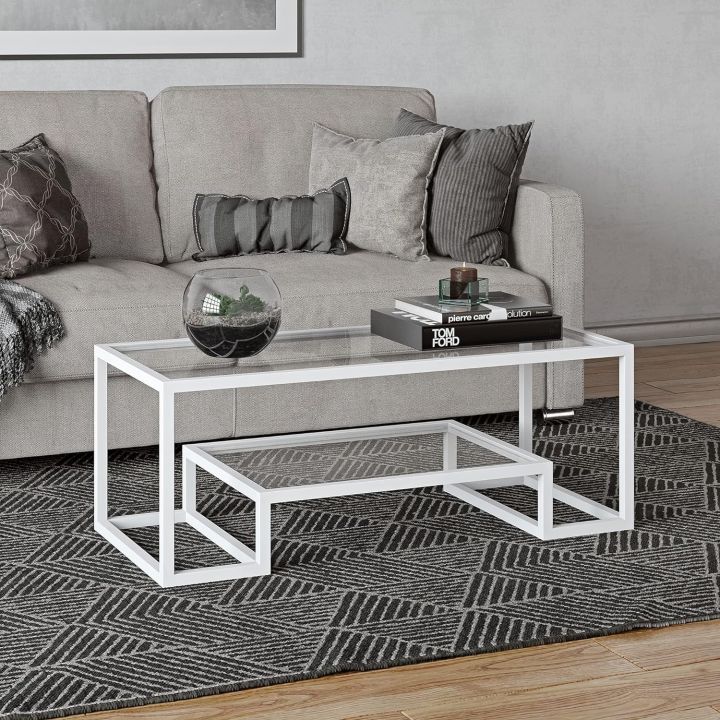Geometric-Inspired Glass Coffee Table - Wide Rectangular Double Rec Center Table in White - Elegant Wooden Cocktail Table for Your Living Room