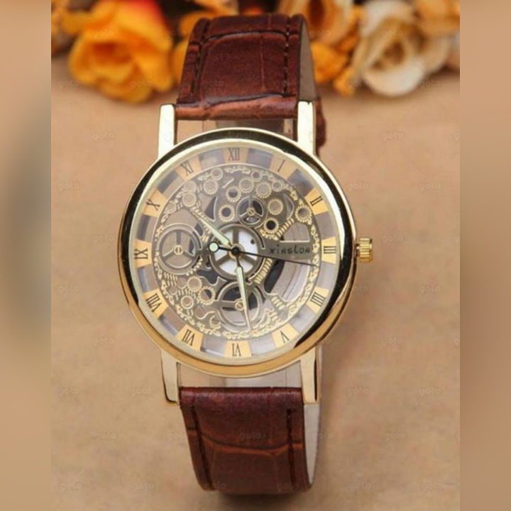 Transparent Dial Watch For Unisex- Golden Dial & Brown Belt