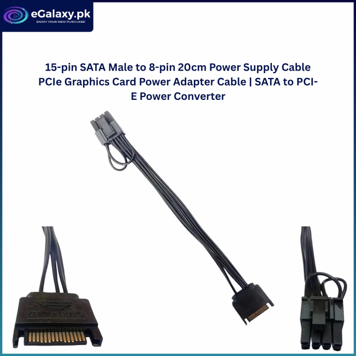 15-pin SATA Male to 8-pin (6+2) PCI-E 20cm Power Supply Cable PCIe Graphics Card Power Adapter Cable | SATA to PCI-E Power Converter GPU Power Cable High-Performance Power Connector Computer Power Supply Cable Gaming PC Power Cable