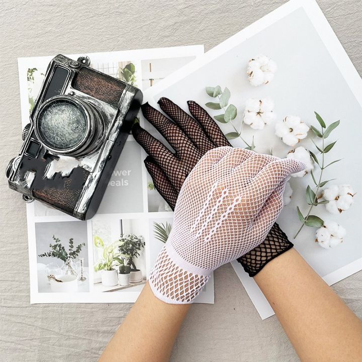 Women Black White Summer Mesh Fishnet Gloves Lace Mittens Full Finger Girls Lace Fashion Gloves