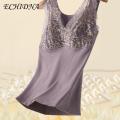 ECHIDNA Thermal Tank Top Stylish Floral Embroidered V-neck Thermal Vest for Women Cozy Slimming Winter Underwear Top Anti-static Vest. 