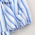 Bow Tie Front Blouse Chic Striped Print Tie-knot Ruffled Hem Top with Bow Tie Front Trendy O-neck Puff Sleeve Blouse for Streetwear Fashionistas in Asia Women Tie-knot Ruffled Babydoll Top. 